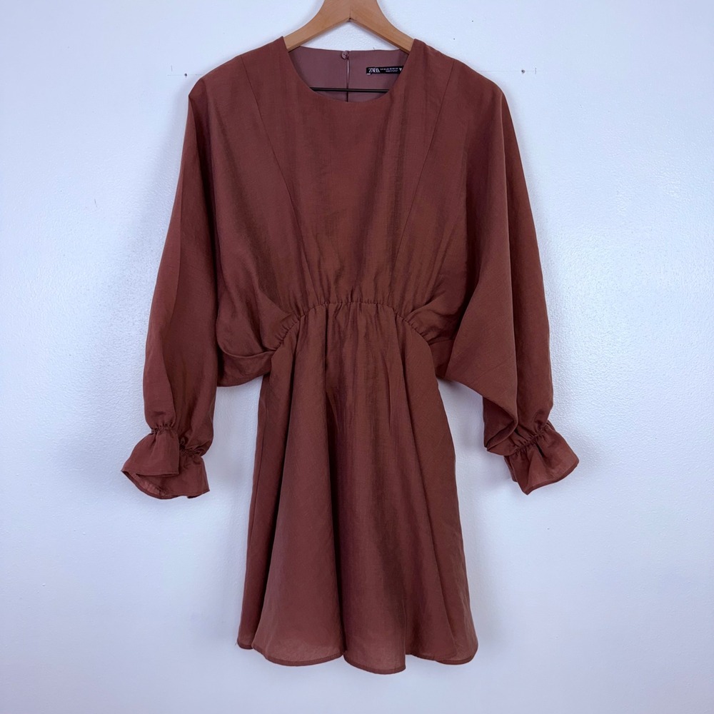 Zara Mini Dress Womens XS Mauve Lyocell Blend Bishop Sleeve Boho Chic‎ Romantic